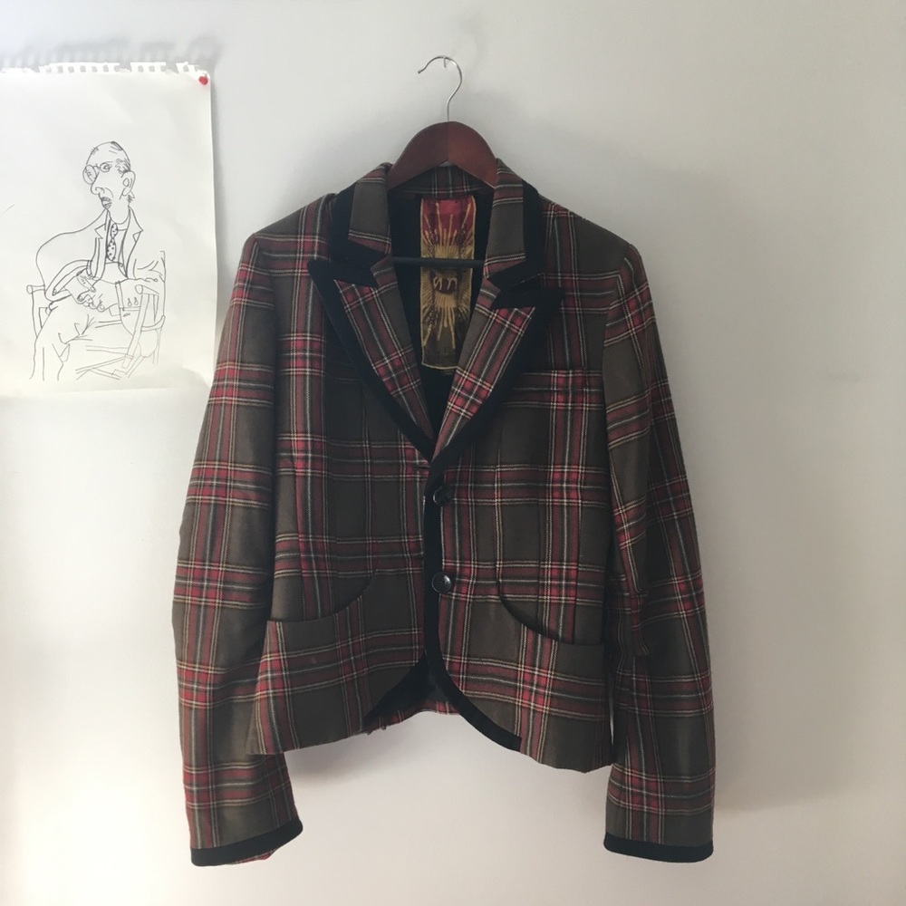 L.A.M.B. olive green plaid wool blazer / jacket
